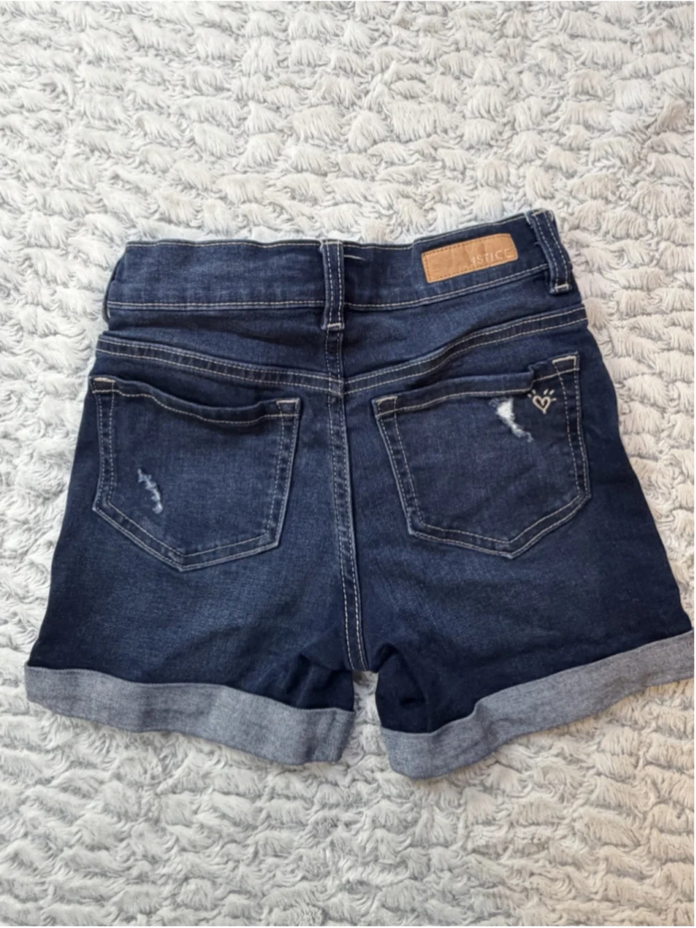 Justice Girls Size 10 Dark Wash Denim Shorts Distressed Cuffed Stretch Heart